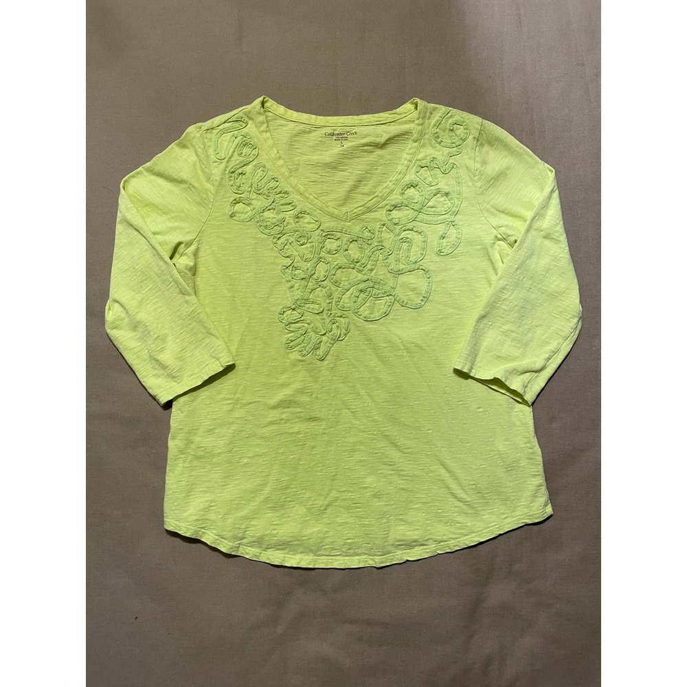 Coldwater Creek Women's Top Size L 14 Yellow 100% Cotton 3/4 Sleeve Emboidered